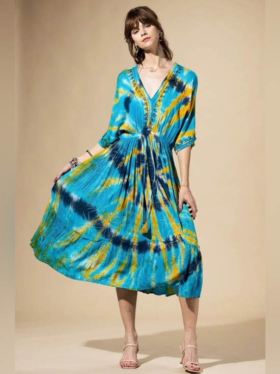 Dresses & Skirts - Golden River V-Neck Tie-Dye Rayon Midi Dress in Turquoise and Yellow